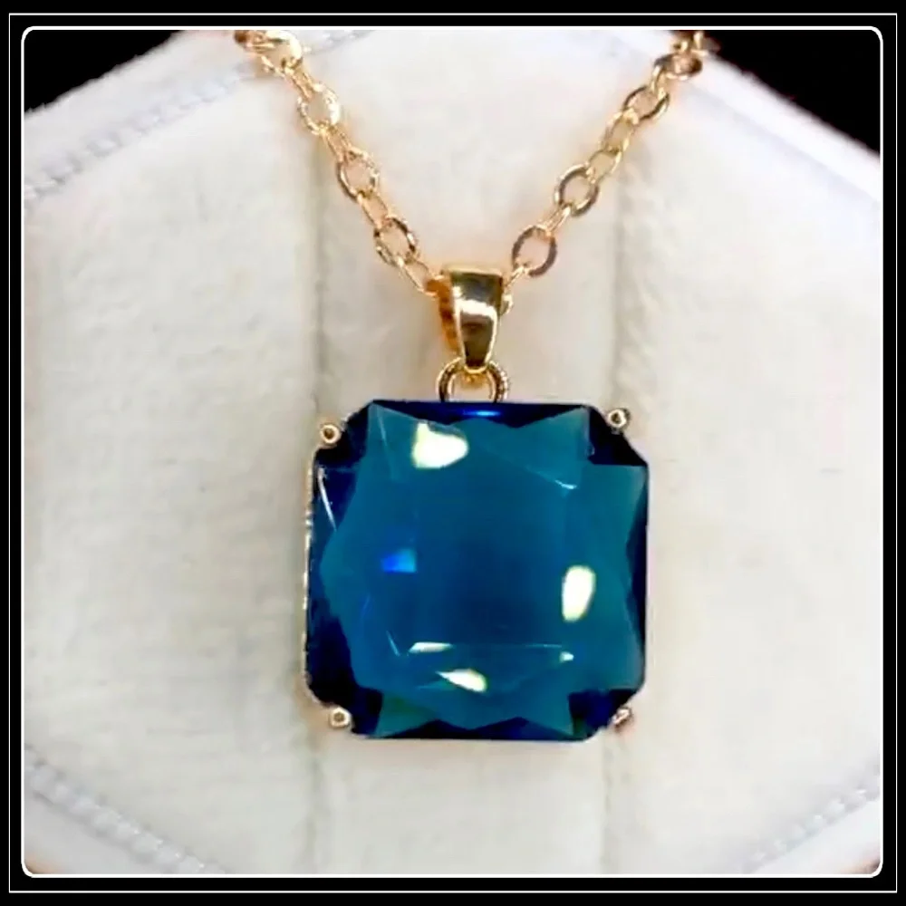 NEW 14K GOLD BLUE SAPPHIRE SQUARE CHUNKY STATEMENT NECKLACE - Picture 1 of 6